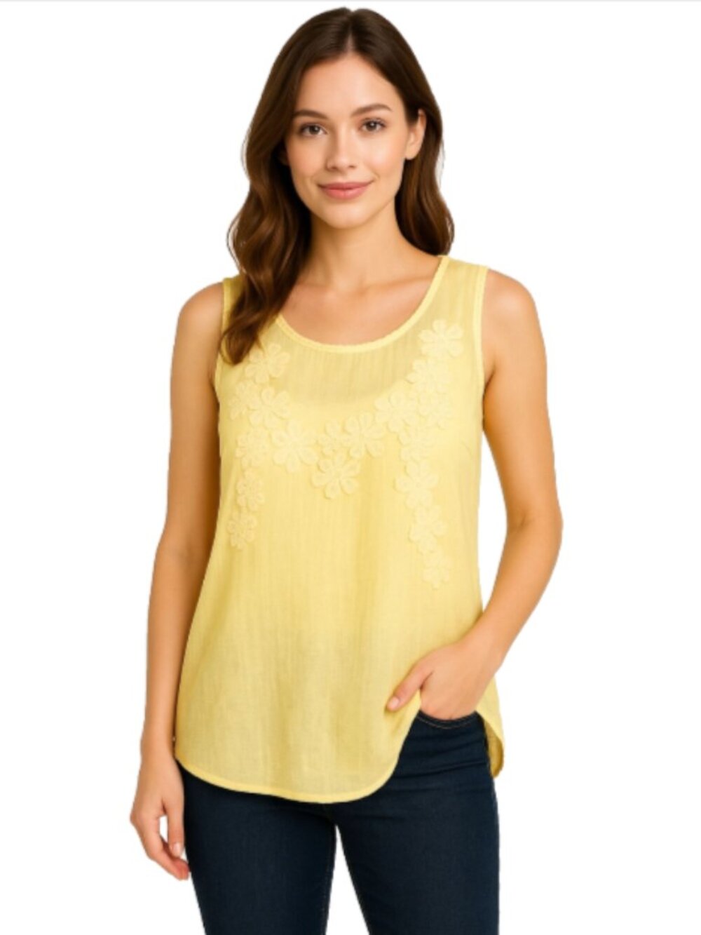 L.O.G.G. Size 12 Sheer Pale Yellow Cotton Tank Embroidered Flowers Raw Edges
